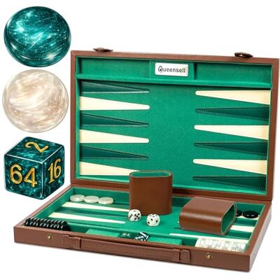 Queensell Large Backgammon Set for Adults – Classic Board Game for 2 Players – 15 Inch Premium Backgammon Board with Alcantara & Faux Leather Case, 32 Playing Chips, Dice Cups & Doubling Cube Queensell Large Backgammon Set for Adults – Classic Board Game for 2 Players – 15 Inch Premium Backgammon Board with Alcantara & Faux Leather Case, 32 Playing Chips, Dice Cups & Doubling Cube