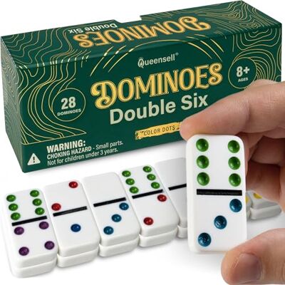 Queensell Dominos Set for Adults with Colored Dots Double 6 Dominoes Set is a Classic Board Games for Kids and Adults Double Six Standard Dominos Set 28 Tiles Queensell Dominos Set for Adults with Colored Dots Double 6 Dominoes Set is a Classic Board Games for Kids and Adults Double Six Standard Dominos Set 28 Tiles