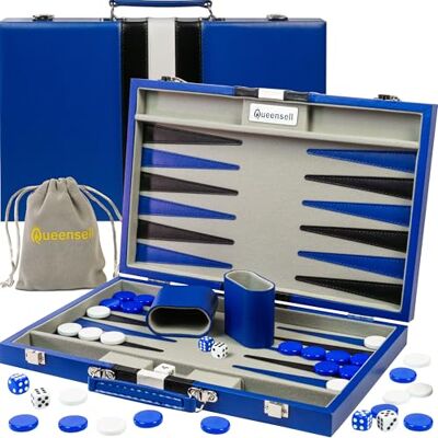 Queensell Backgammon Sets for Adults – 15-Inch PU Leather Board Game – Classic 2-Player Travel Backgammon Set with 32 Playing Pieces, Dice, and Cups Queensell Backgammon Sets for Adults – 15-Inch PU Leather Board Game – Classic 2-Player Travel Backgammon Set with 32 Playing Pieces, Dice, and Cups