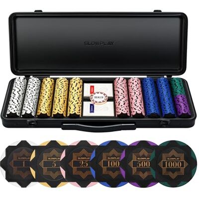 SLOWPLAY Nash 500PCS Poker Chip Set with Case, 14 Gram Clay Poker Chips Numbered Chips, Satisfying Heft, Premium Polycarbonate Case, 2 Plastic Card Decks, Metal Dealer Button, Black Gold SLOWPLAY Nash 500PCS Poker Chip Set with Case, 14 Gram Clay Poker Chips Numbered Chips, Satisfying Heft, Premium Polycarbonate Case, 2 Plastic Card Decks, Metal Dealer Button, Black Gold