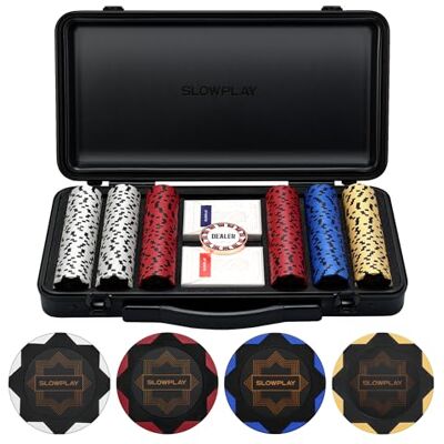 SLOWPLAY Nash 300PCS Poker Chip Set with Case, 14 Gram Clay Poker Chips Non-Numbered Chips, Satisfying Heft, Premium Polycarbonate Case, 2 Plastic Card Decks, Metal Dealer Button, Black Gold SLOWPLAY Nash 300PCS Poker Chip Set with Case, 14 Gram Clay Poker Chips Non-Numbered Chips, Satisfying Heft, Premium Polycarbonate Case, 2 Plastic Card Decks, Metal Dealer Button, Black Gold