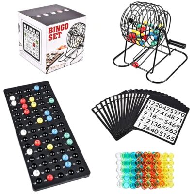Yeqqzq Deluxe Metal Bingo Game Set,Fun Family Bingo Night Round Cage, 75 Colored Bingo Balls, 18 Bingo Cards, 150 Mixed Chips and Master Board for Groups, Parties Yeqqzq Deluxe Metal Bingo Game Set,Fun Family Bingo Night Round Cage, 75 Colored Bingo Balls, 18 Bingo Cards, 150 Mixed Chips and Master Board for Groups, Parties
