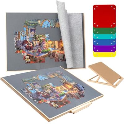 Sancallie 1500 Pieces Jigsaw Board with Drawers & Bracket Set/Wooden Tilting Puzzle Board Kit with 6 Sorting Trays Gray Felt Mat Cover with Puzzle Board for Storing Jigsaw Puzzles Sancallie 1500 Pieces Jigsaw Board with Drawers & Bracket Set/Wooden Tilting Puzzle Board Kit with 6 Sorting Trays Gray Felt Mat Cover with Puzzle Board for Storing Jigsaw Puzzles