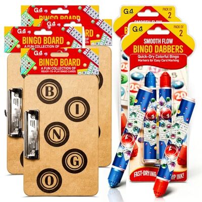 G4GADGET Bingo Dabbers Pack of 4 with 4 Bingo Boards – 2 Packs of 2 Pens & Dabbers, Colour Bingo Markers with Wooden Clip Boards for Bingo Tickets, Games, Clubs & Family Nights G4GADGET Bingo Dabbers Pack of 4 with 4 Bingo Boards – 2 Packs of 2 Pens & Dabbers, Colour Bingo Markers with Wooden Clip Boards for Bingo Tickets, Games, Clubs & Family Nights