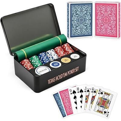 ONE BEST DEAL 200 Piece Texas Hold'em Poker Set with Table Cloth Laser Casino Chips & Gambling Playing Cards Poker Dice Decks Party Game for Family & Friends ONE BEST DEAL 200 Piece Texas Hold'em Poker Set with Table Cloth Laser Casino Chips & Gambling Playing Cards Poker Dice Decks Party Game for Family & Friends