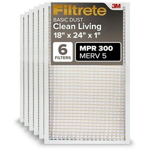 Filtrete 18x24x1 Air Filter, MPR 300, MERV 5, Clean Living Basic Dust 3-Month Pleated 1-Inch Air Filters, 6 Filters Filtrete 18x24x1 Air Filter, MPR 300, MERV 5, Clean Living Basic Dust 3-Month Pleated 1-Inch Air Filters, 6 Filters