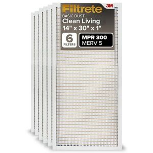 Filtrete 14x30x1 AC Furnace Air Filter, MERV 5, MPR 300, Capture Unwanted Particles, 3-Month Pleated 1-Inch Electrostatic Air Cleaning Filter, 6-Pack (Actual Size13.81x29.81x0.81 in) Filtrete 14x30x1 AC Furnace Air Filter, MERV 5, MPR 300, Capture Unwanted Particles, 3-Month Pleated 1-Inch Electrostatic Air Cleaning Filter, 6-Pack (Actual Size13.81x29.81x0.81 in)
