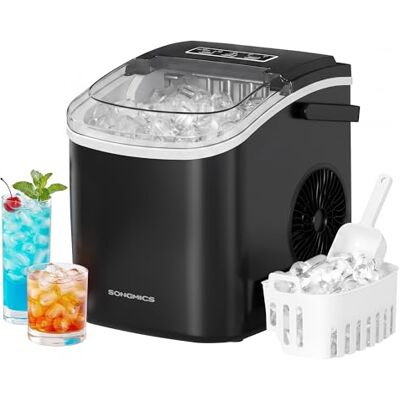 SONGMICS Ice Maker Countertop, 6 Mins 9 Cubes, 12kg/24H, Self-Cleaning Ice Cube Maker Machine with Handle, 2 Ice Sizes with Ice Scoop & Basket, Portable for Kitchen Home, Ink Black, XZB001B1UK SONGMICS Ice Maker Countertop, 6 Mins 9 Cubes, 12kg/24H, Self-Cleaning Ice Cube Maker Machine with Handle, 2 Ice Sizes with Ice Scoop & Basket, Portable for Kitchen Home, Ink Black, XZB001B1UK