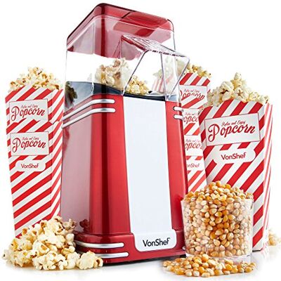 VonShef Popcorn Machine Retro – 1200W Air Popcorn Maker with Hot Air Circulation, One Touch Operation Movie Night Accessories, Healthy & Oil Free Snack Maker with 6 Boxes – Red VonShef Popcorn Machine Retro – 1200W Air Popcorn Maker with Hot Air Circulation, One Touch Operation Movie Night Accessories, Healthy & Oil Free Snack Maker with 6 Boxes – Red