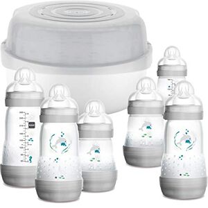 MAM Easy Start Bottle & Microwave Steriliser Set, Comes with 6 x MAM Easy Start Self Sterilising Anti-Colic Baby Bottles, BPA Free Bottle Steriliser for Babies