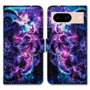 Bcov Pixel 8 Case,Purple Mandala Galaxy Sky Leather Flip Phone Case Wallet Cover with Card Slot Holder Kickstand For Google Pixel 8