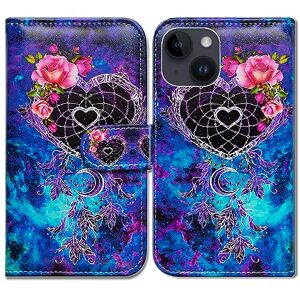 Bcov iPhone 15 Plus Case,Dream Catcher Flower Space Leather Flip Phone Case Wallet Cover with Card Slot Holder Kickstand For iPhone 15 Plus