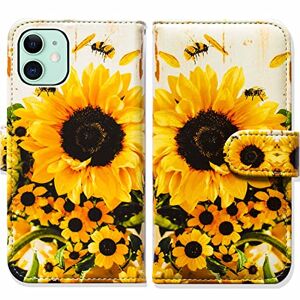 Bcov iPhone 11 Case, Sunflower Bee Flip Phone Case Wallet Cover with Card Slot Holder Kickstand For iPhone 11