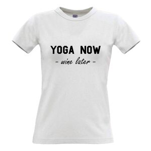 Tim And Ted (M, White) Novelty Gym Womens TShirt Yoga Now, Wine Later Joke Slogan Red White