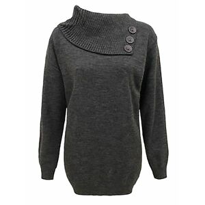 21Fashion (Charcoal, UK 20-22 US 16-18) Ladies 3 Button Knitted Polo Neck Jumper Plain Top
