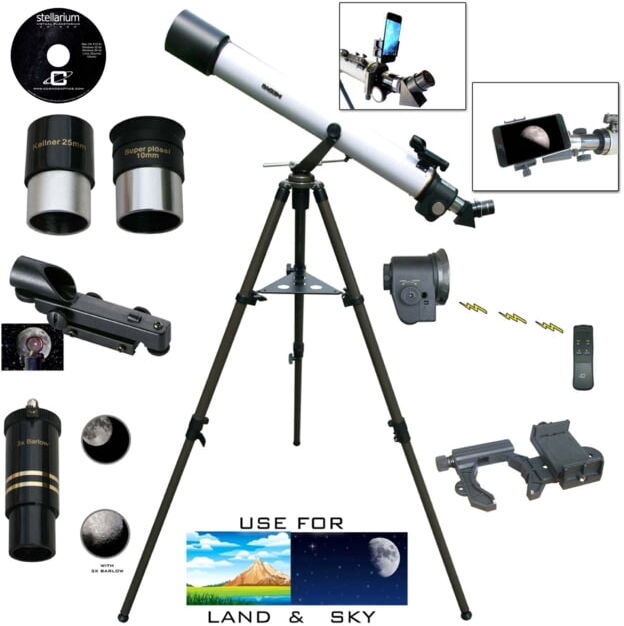 Cassini 800mm x 72mm Electronic Focus Erect Image Prism Telescope w/ Smartphone Adapter, White, SS-872EFS