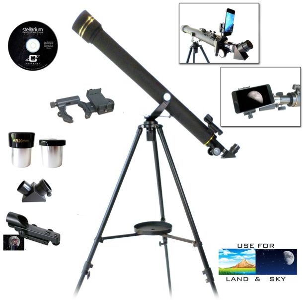 Galileo Refractor Telescope with Smartphone Photo Adapter 1.25in 6mm Eyepiece, 20mm Eyepiece, Black, 800x60mm, G-860BG