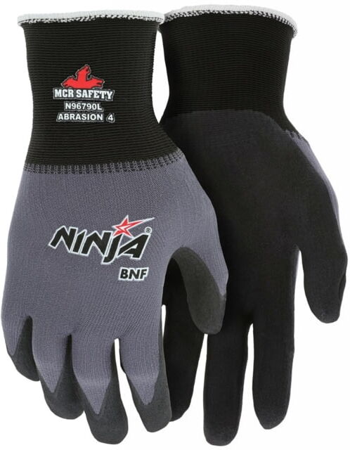 MCR Safety Ninja BNF Work Gloves, 15 Gauge Nylon/Spandex Shell, NFT Coated Palm and Fingertips, Black/Gray, Medium, N96790M