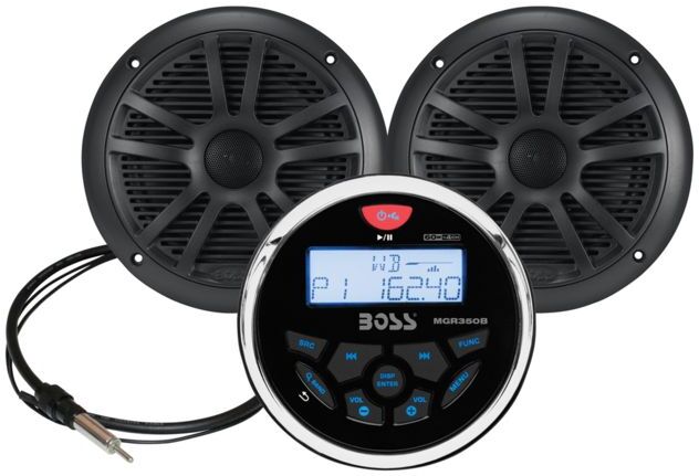 Boss Audio MCKGB350B.6 Combo - Marine Gauge Radio w/Antenna & 2 6.5 Speakers - Black, MCKGB350B.6