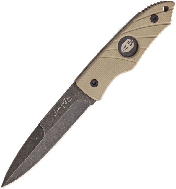 Hoffner Knives Hand Spear Standard Edge Khaki Fixed Blade Knife, 4.88in, 440C Steel, Spear Point, Black Stonewash, Khaki, G10 Handle, HS-S5SBK-FK