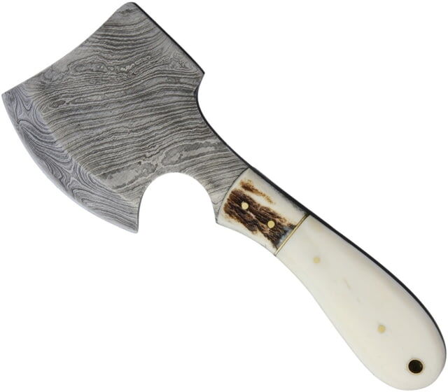 Marbles Damascus Hatchet Smooth Bone, 7.5in Overall, 3in Damascus Steel Axe Head With 3in Cutting Edge, White Smooth Bone Handle, Brown Leather Sheath, White, EG-654 / MR826D