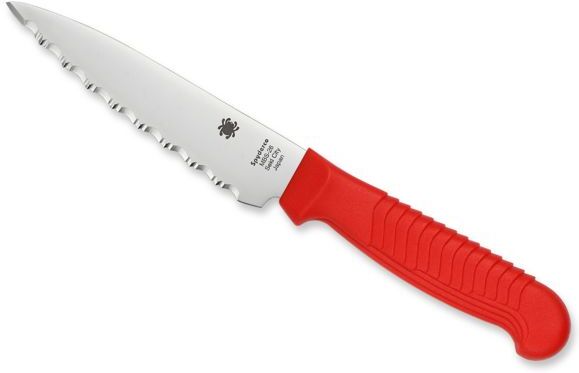 Spyderco Kitchen Paring Knife, 4.5in, MBS-26 Serrated Blade, Red Polypropylene Handle, K05SRD