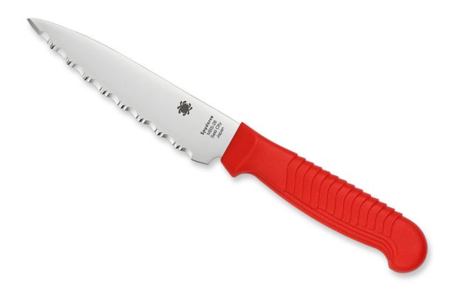 Spyderco Kitchen Paring Knife, 4.5in, MBS-26 Serrated Blade, Red Polypropylene Handle, K05SRD