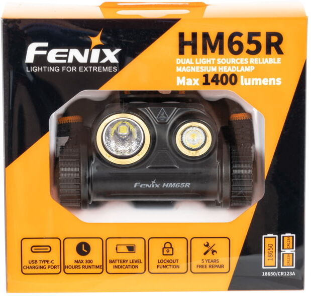 Fenix FX-HM65R CREE LED Headlamp, 2x CR123A, Black w/Orange Accents, FX-HM65R