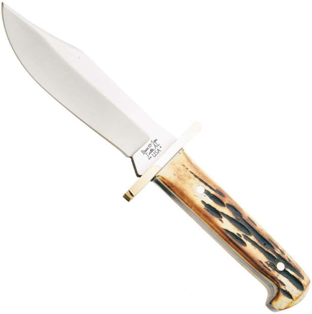 Bear and Son Knives Baby Bowie Fixed Blade Knife w/Leather Sheath, 3in, High Carbon Stainless Steel, Bowie, White Smooth Bone Handle, WSB00 1/2