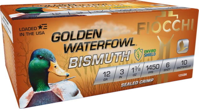 Fiocchi Golden Waterfowl Bismuth 12 Gauge 1 3/8 oz 3in 6 Shot Shotgun Ammo, 10 Rounds, 123GB6