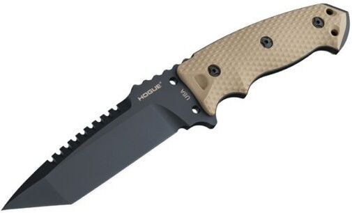 Hogue EX-F01 5.5in Fixed Tanto A-2 Steel Blade w/Black Automatic Retention Sheath, Black Finish, G10 Flat Dark Earth Scales, 35127