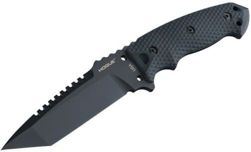 Hogue EX-F01 5.5in Fixed Tanto A-2 Steel Blade w/Black Automatic Retention Sheath, Black Finish, G10 Solid Black Scales, 35129