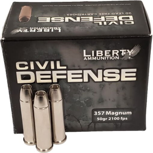 Liberty Ammunition Civil Defense, .357 Magnum, 50 Grain, HP, Brass Case, Centerfire Pistol Ammo, 20 Rounds Box, LA-CD-357-030