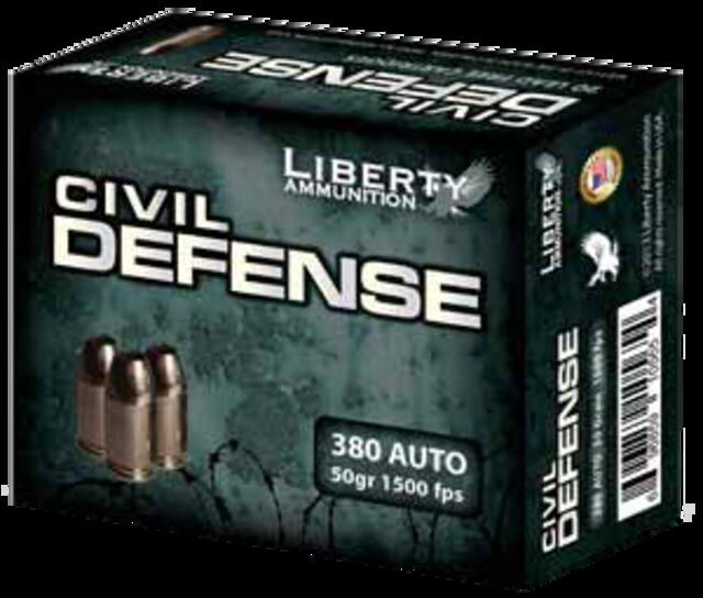 Liberty Ammunition Civil Defense, .380 ACP, 50 Grain, HP, Brass Case, Centerfire Pistol Ammo, 20 Rounds Box, LA-CD-380-023