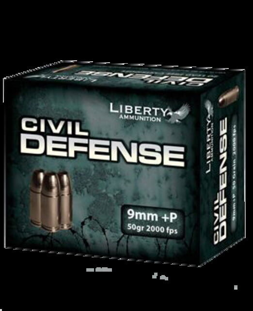 Liberty Ammunition Civil Defense, 9mm Luger +P, 50 Grain, HP, Brass Case, Centerfire Pistol Ammo, 20 Rounds Box, LA-CD-9-014
