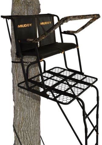 Muddy Partner 2-Man Ladderstand, includes 2-1in Ratchet Strap, 2-1in Stabilizer Straps, 2-Full Body Arrest Harnesses, Adjustable Support Bar, Padded, Flip-Back Shooting Rail, Black/Camo MLS2300