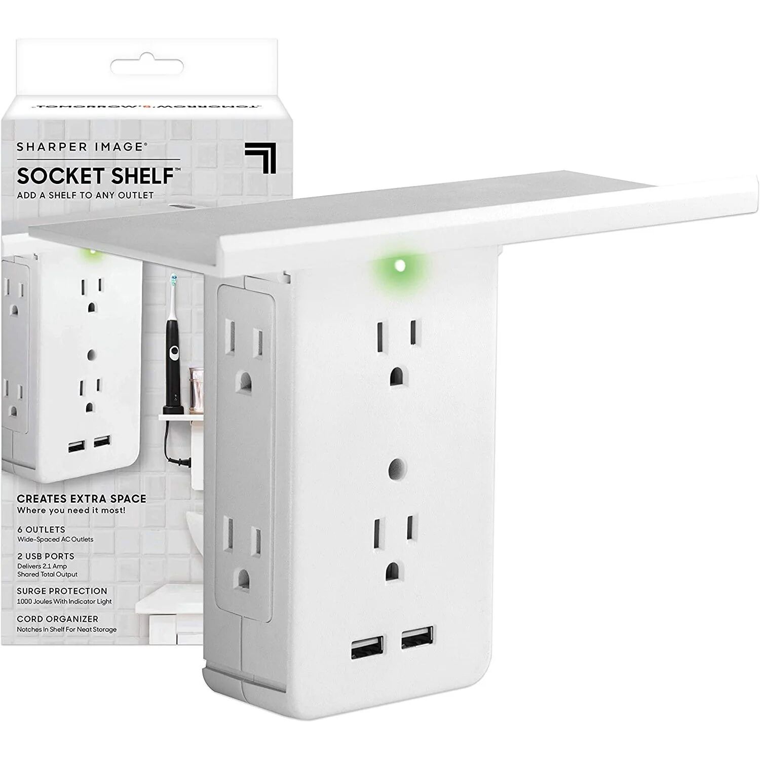 DailySale Socket Shelf 8 Port Surge Protector Wall Outlet, 6 Electrical Outlet Extenders, 2 USB Charging Ports
