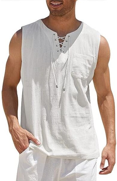 DailySale Men's Cotton Linen Tank Top Shirts Casual Sleeveless Lace Up Beach Hippie Tops Bohemian Renaissance Pirate Tunic