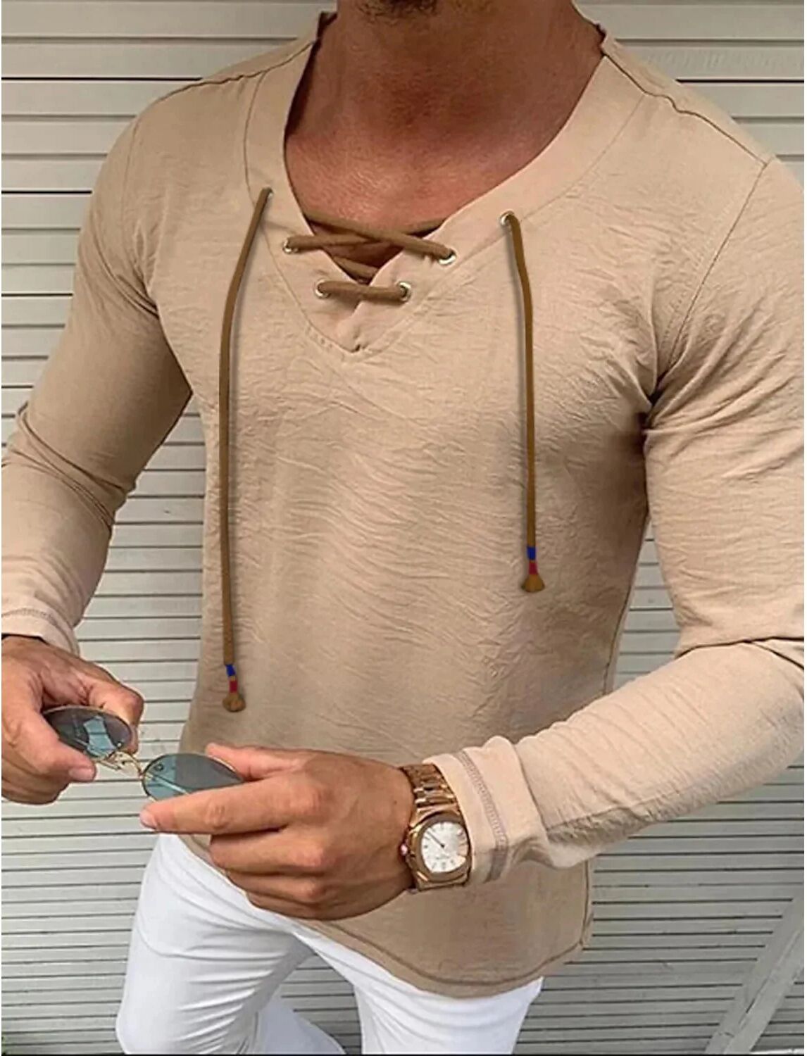 DailySale Men's Solid V Neck Long Sleeved Cotton Linen Shirt