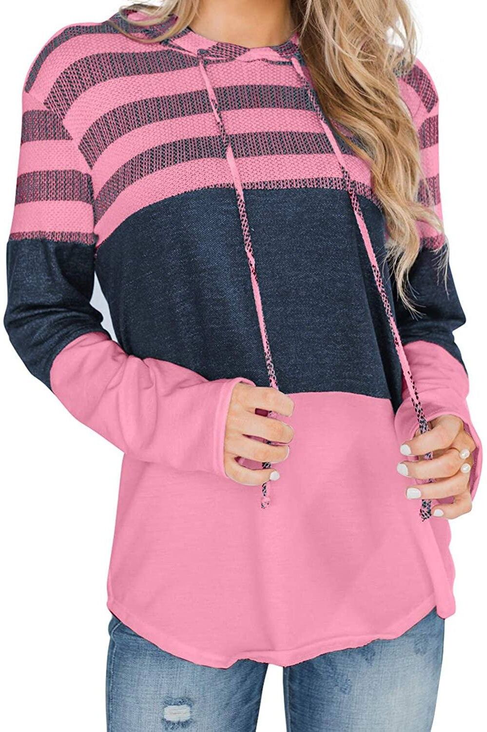 DailySale Actloe Women Long Sleeve Striped Color Block Casual Hoodies