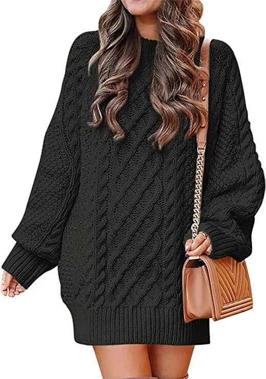 DailySale Women Crewneck Long Sleeve Oversized Cable Knit Chunky Pullover Short Sweater Dresses