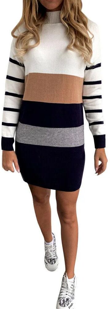 DailySale Women Knit Cowl Turtleneck Stripe Sweater Dress Long Sleeve Pullover Mini Dress