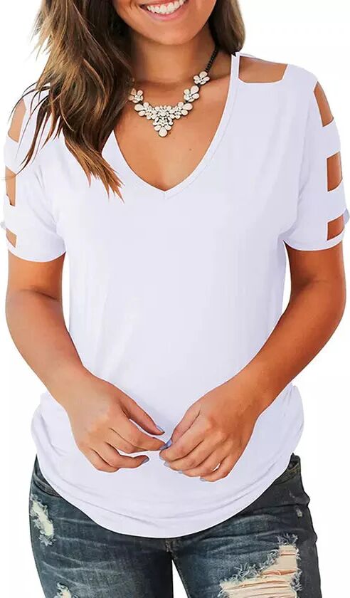 DailySale Women Short Sleeve Cut Out Cold Shoulder Tops Deep V Neck T Shirts