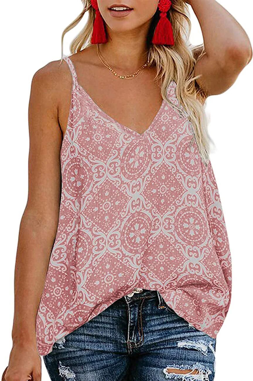 DailySale Women's Boho Floral V Neck Spaghetti Straps Tank Top Summer Sleeveless Shirts Blouse