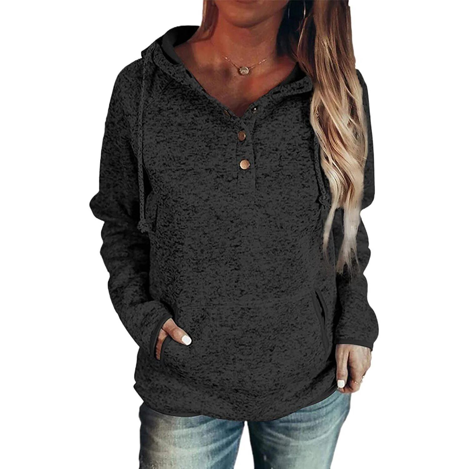 DailySale Womens Button Collar Drawstring Stitching Sweatshirts Hoodies Pullover