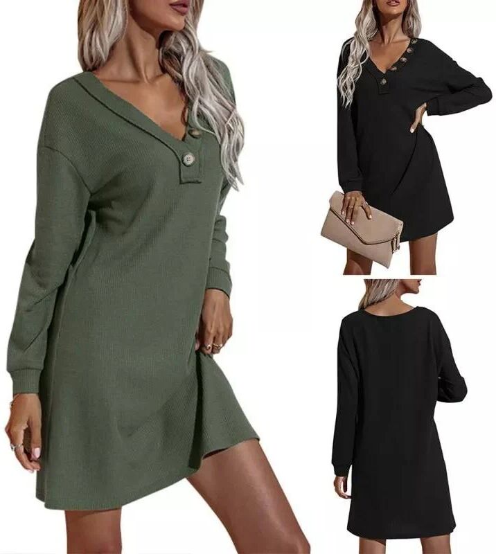 DailySale Women's Casual Dresses V-Neck Buttoned Hip Knitted Dresses