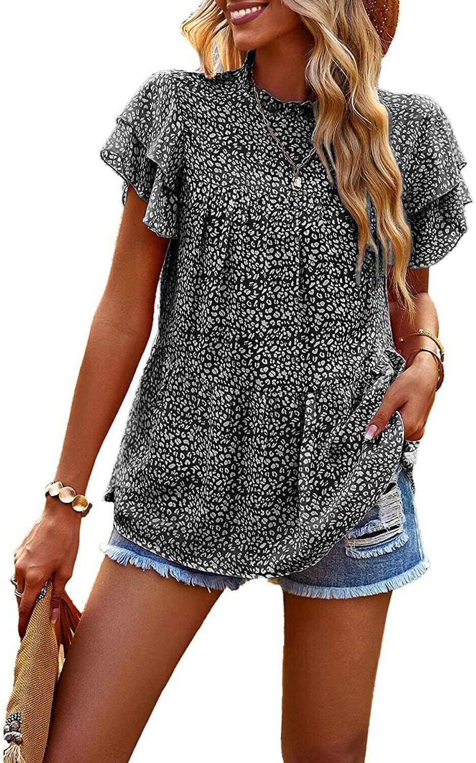 DailySale Women's Casual Summer Tops Ruffle Short Sleeve Mock Neck Fashion Floral Chiffon Blouse Shirts