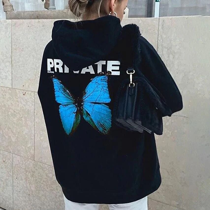 DailySale Women's Pullover Butterfly Text Lip Print Hoodies