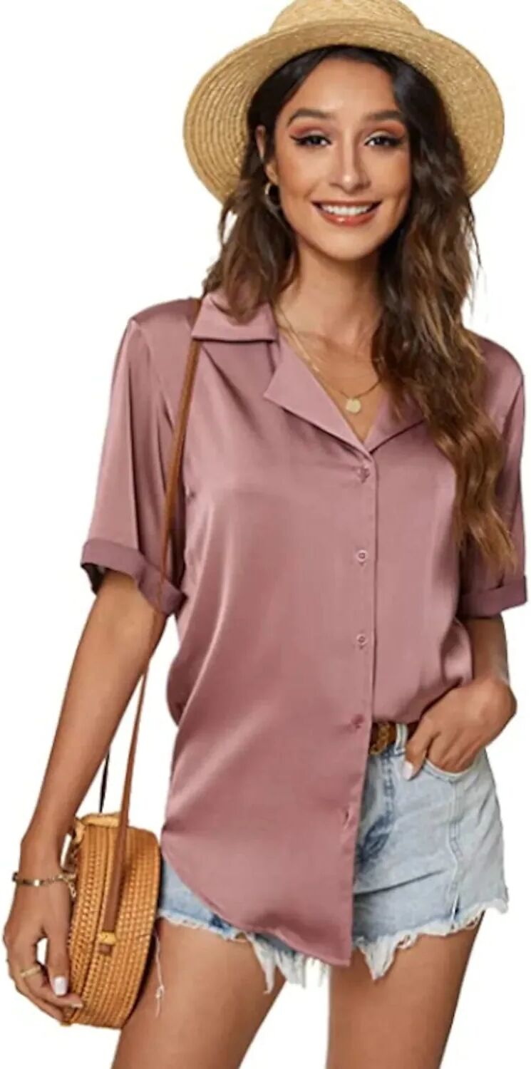 DailySale Women's Short Sleeve Casual Satin Button Down Shirt