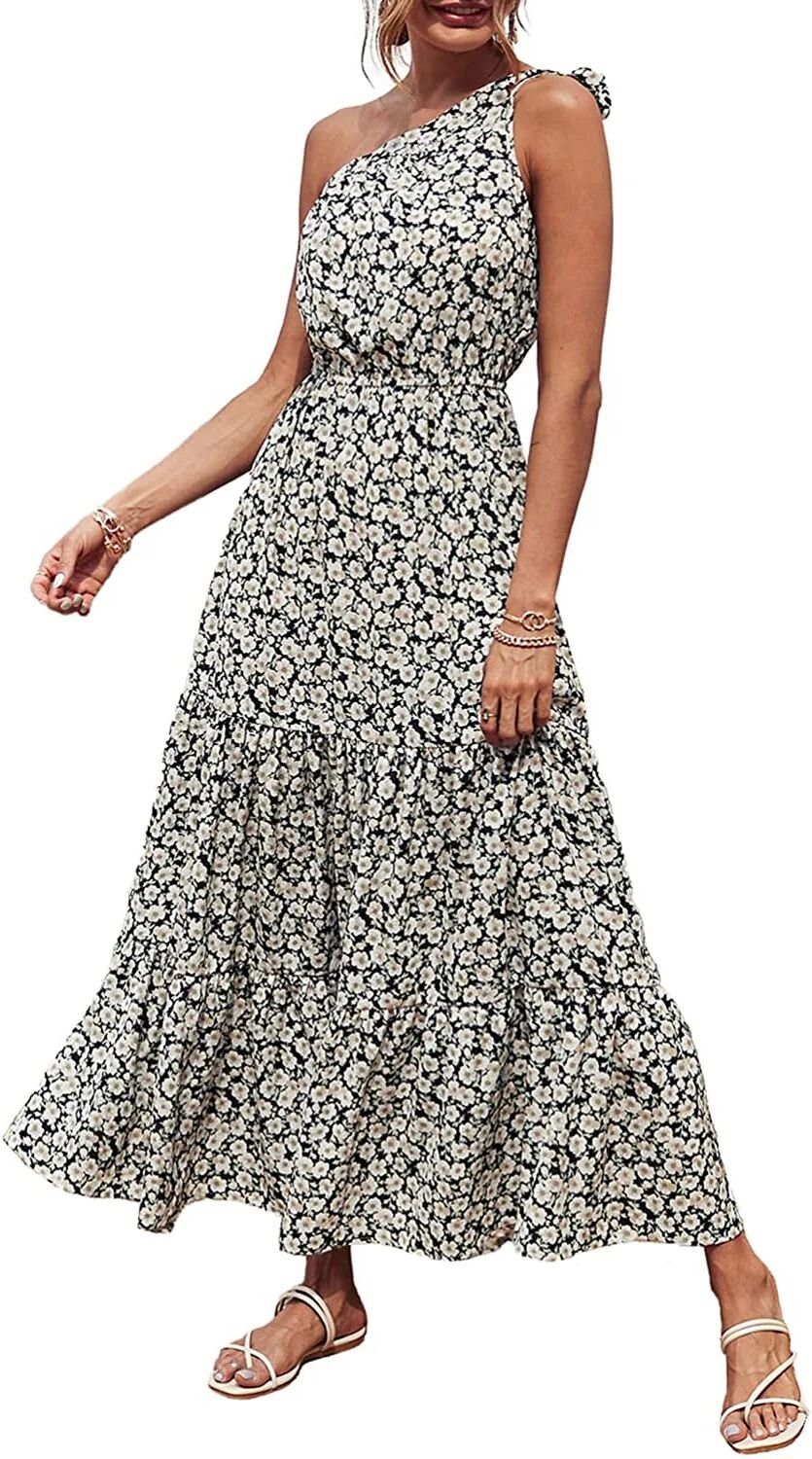 DailySale Women's Summer Floral One Shoulder Ruffled Hem Maxi Dresses